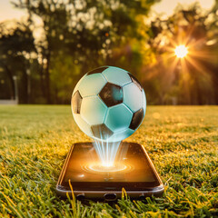 Fu&szlig;ball Hologramm erscheint aus Smartphone Display