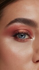 Fototapeta premium Close up shows detailed eye makeup, featuring rose gold eyeshadow and well-defined eyebrow for beauty concept.