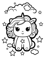black and white cartoon illustration of  cute unicorn