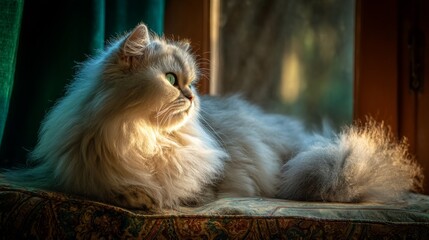 An elegant Persian cat lounging on a plush cushion, basking in the soft sunlight streaming through a window, showcasing its luxurious fur and serene expression.