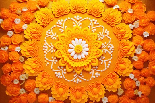 Intricate thai art featuring meticulously carved soap flowers arranged in a mandala pattern, showcasing traditional craftsmanship and vibrant colors