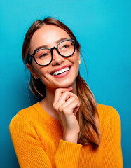 junge Frau mit Brille l&auml;chelt, neutraler Hintergrund