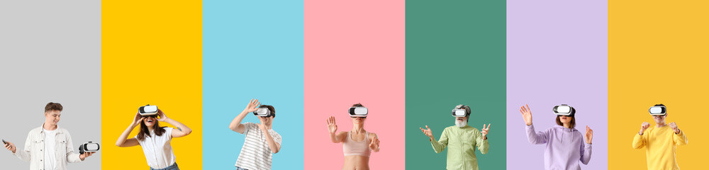Collage of different people with VR glasses on color background