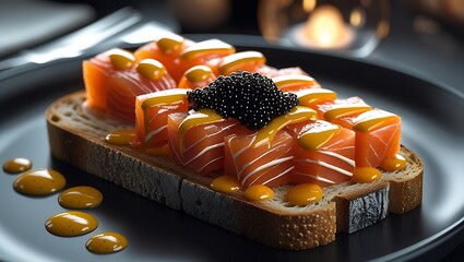 Gourmet Salmon Canape:  Luxury Smoked Salmon Cubes, Caviar, Mustard Drizzle, Toasted Bread.