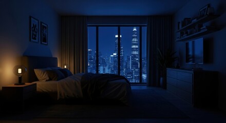 Cozy Bedroom with Cityscape View at Night