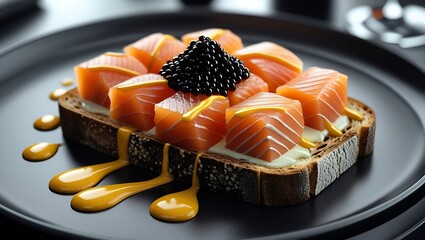 Gourmet Smoked Salmon Toast with Caviar and Mustard Drizzle: Elegant Appetizer, Luxury Food Photography