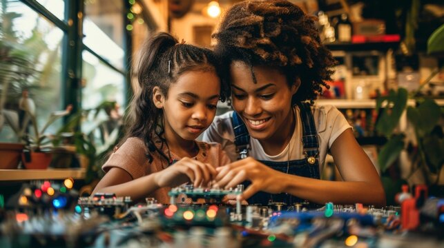 Mother and Daughter Bonding Over Circuit Board in Cozy Home Environment, Exploring Technology Together - Powered by Adobe