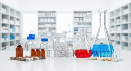 Modern Pharmacy Laboratory Setup with Scientific Glassware and Pharmaceutical Products