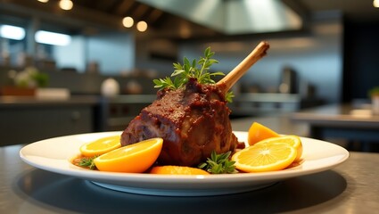 Gourmet Roasted Leg of Lamb with Orange Slices, Professional Restaurant Kitchen Background, Warm Lighting, Delicious Food Photography