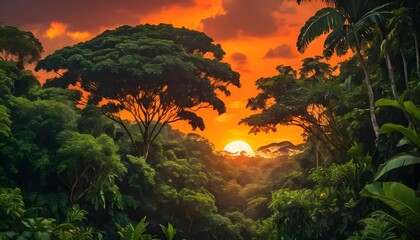 Lush tropical jungle valley bathed in the warm glow of a vibrant sunset