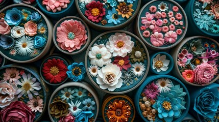 Vibrant Overhead View of Decorative Paper Flowers in Cylindrical Containers for Creative Inspiration