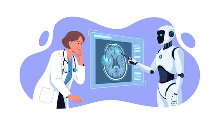 An illustration showcasing a collaborative medical scenario where an AI robot and a doctor are reviewing brain scans together.