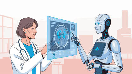 An illustration showcasing a collaborative medical scenario where an AI robot and a doctor are reviewing brain scans together.