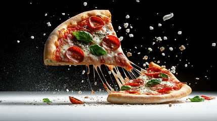A delicious pizza with cheese being pulled apart, surrounded by flying cherry tomatoes and basil leaves