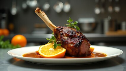 Gourmet Roasted Lamb Shank with Orange Glaze, Thyme, and Professional Kitchen Background