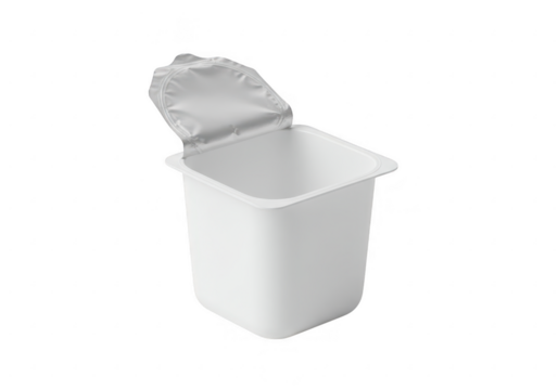 An empty white yogurt cup with a foil lid slightly open isolated on transparent background