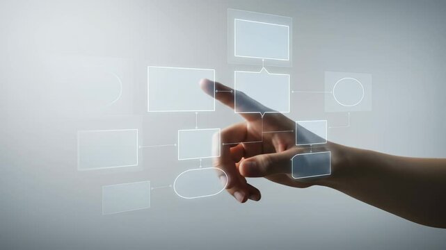 Futuristic Business Workflow Visualization: Hand interacting with a digital holographic flowchart for process automation and data management.