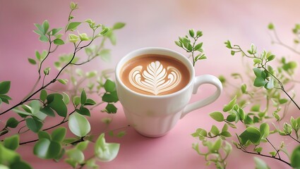 Aromatic Coffee Artistry A White Cup Surrounded by Verdant Greenery on a Soft Pink Backdrop for a Relaxing Scene