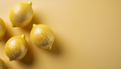 Pale yellow glitter lemon fruits on pale yellow background with copy space. Generated image