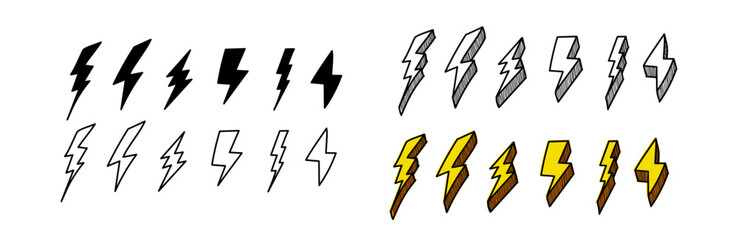 Lightning doodle set. Illustration of thunder bolts, black and line bolt. Cartoon style lightning bolts. Vector illustration