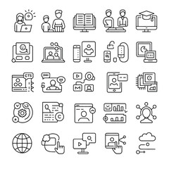 Fototapeta premium Thirty Black and White Line Art Icons Illustrating Online Communication Technology Education and Teamwork Concepts Simple Outlines on White Background