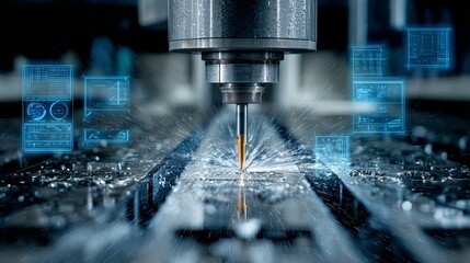 Close-up view of CNC machine cutting metal with high precision, surrounded by digital interfaces and advanced industrial tools, showcasing accuracy, control, and modern manufacturing technology

