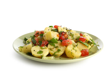 Plate of tasty Potato Salad with vegetables on white background