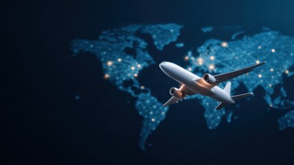 air freight solutions concept. A plane flying over a digital world map with illuminated connections.