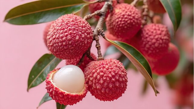 Close-up of fresh lychees on tree branch against pink background, with peeled fruit revealing juicy white pulp, symbolizing summer nostalgia and tropical sweetness in minimalist style