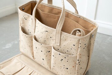Stylish beige speckled tote bag with multiple pockets for organization and functionality