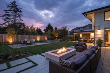 Modern backyard with fire pit and patio at sunset for outdoor living