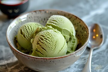 Green tea matcha ice cream scoops in a bowl, ready to be eaten