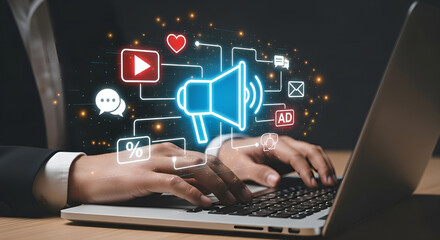 Digital Marketing Strategy: Laptop User Actively Managing Online Advertising & Social Media Campaigns