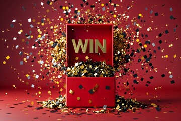Prize Box with WIN Word and Festive Sparkles on Red Background