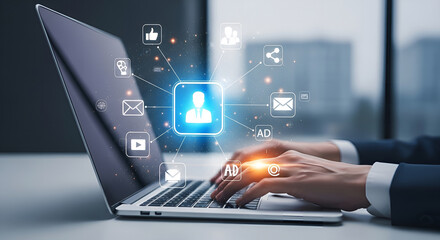 Marketing Strategy & Social Media Connectivity: Professional Managing Online Advertising Campaign on Laptop.