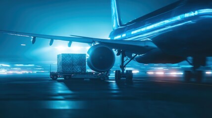 air freight solutions concept. Cargo airplane at night with a pallet, illuminated by blue light.