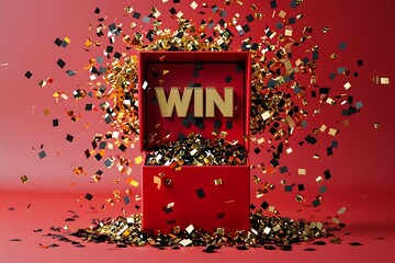 3D Render of Open Box with WIN Message and Confetti Burst