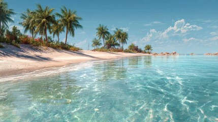 Naklejka premium A bright summer beach scene with crystal-clear water, golden sand, and palm trees swaying in the breeze.
