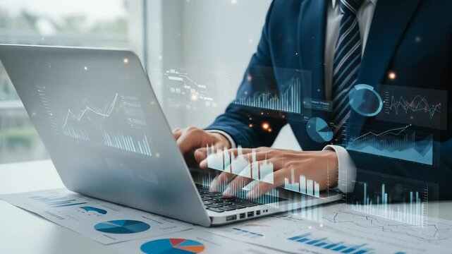 Business Analytics professional adult man working on a laptop with glowing digital data dashboards and financial charts in a modern office, emphasizing innovative technology for market insights.