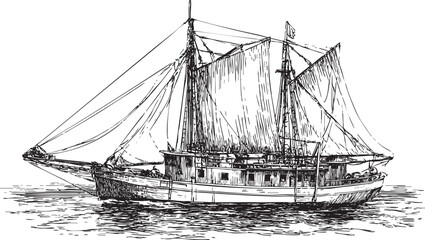 Traditional sailing vessel navigating calm waters on a sunny day