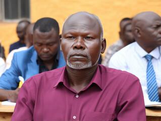 Obraz premium serious man in a maroon shirt sits among a group of people in a classroom or meeting setting, focusing intently on the event.