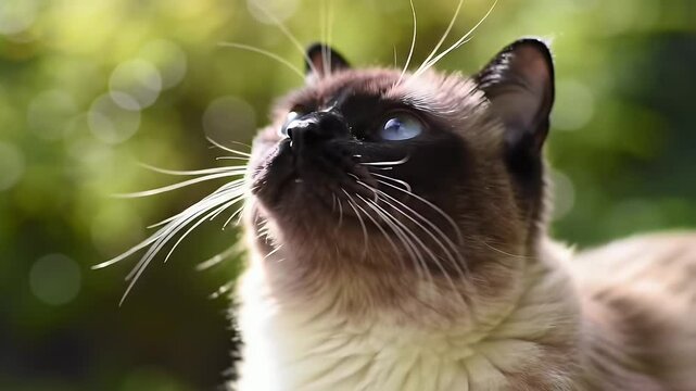 Close Up of a Birman Cat with Blue Eyes Looking Up Against Soft Green Bokeh Background in Natural Light for Decoration and Content