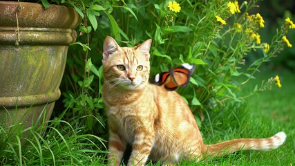 Cute Ginger Tabby Kitten with Green Eyes in Garden with Butterfly on Lush Green Grass and Yellow Flowers Around Clay Pot - Powered by Adobe