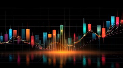 Colorful stock market chart with rising trend lines on a black background with reflections