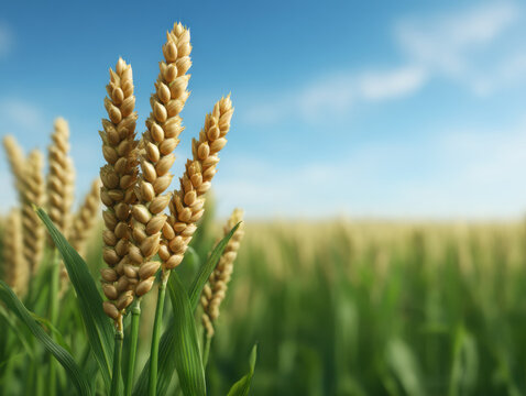 Golden wheat spikes grow tall in a lush green field under a clear blue sky on a sunny day.