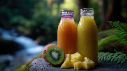 Two Bottles of Smoothies with Kiwi and Pineapple in a Lush Forest Setting