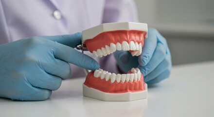 Dentist demonstrating dental model with blue gloves on table  