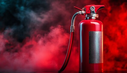 Red fire extinguisher with dramatic smoke background.