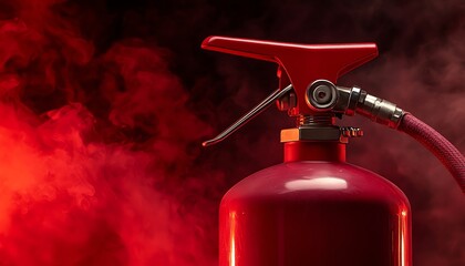Red fire extinguisher with smoke background.