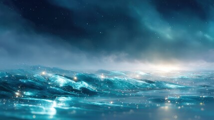 Glimmering Blue Ocean Waves Under a Starry Night Sky